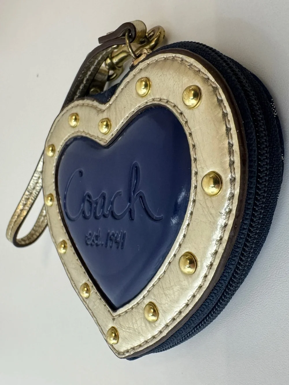Coach Y2K Script Heart Navy And Gold Story Patch Heart Coin Bag Keychain Charm